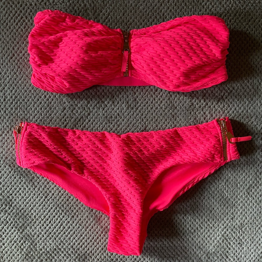 Pink H&M Bikini with Rose Gold Hardware and Zippers, Size 6/8